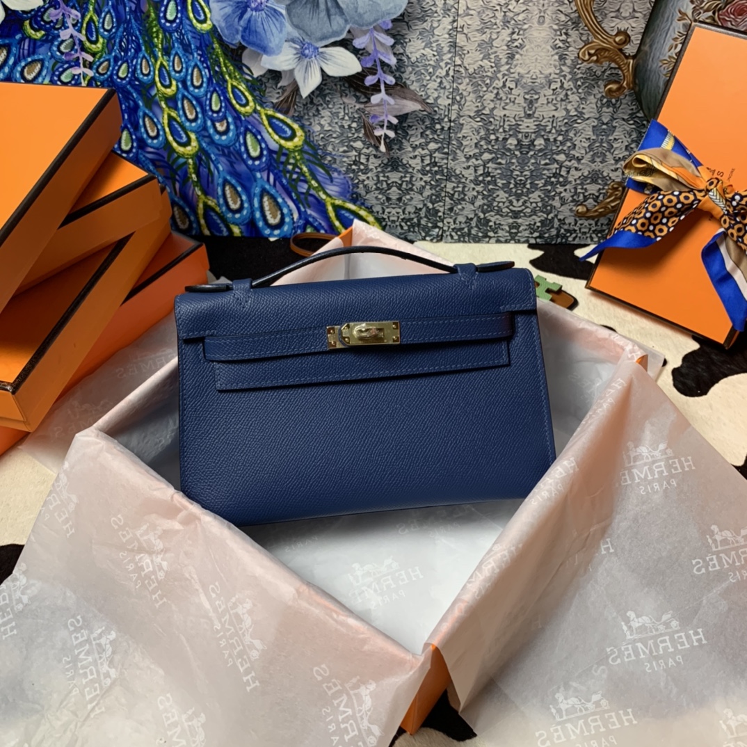 Hermes Mini Kelly Pochette 22cm Bag In Blue Nuit Epsom Leather